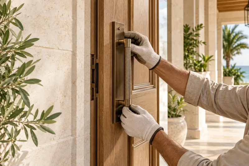 Illustrative close view of bronze hardware being fitted into an oak doorway
