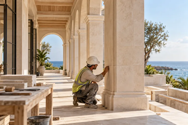 Illustrative stone colonnade and craftsperson checking masonry