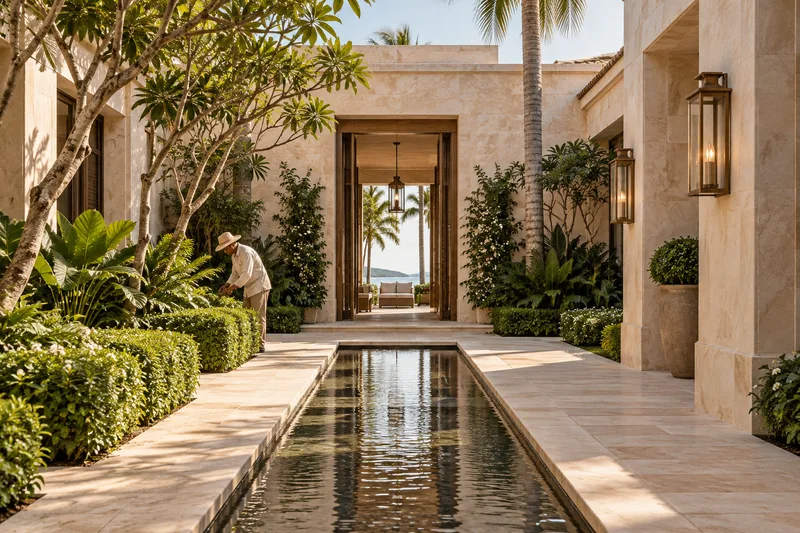Illustrative maintained courtyard and groundskeeper tending greenery