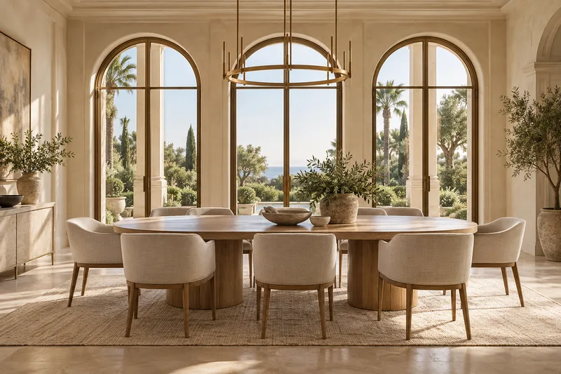 Illustrative coastal dining room with oak table and arched windows