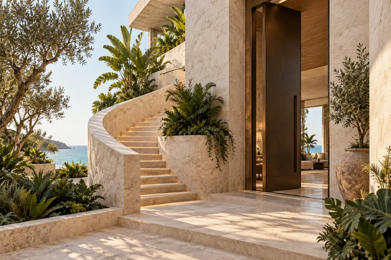 Illustrative limestone residence entrance with bronze doorway and coastal planting