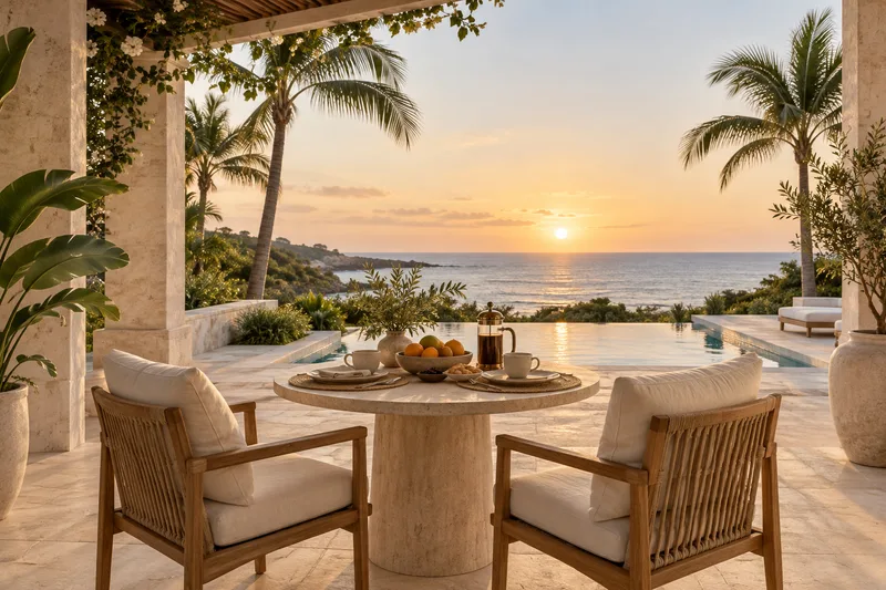 Illustrative shaded coastal veranda prepared for breakfast